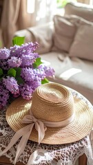 Woven Straw Hat with Ribbon and Lilac Bouquet on Lace Coffee Table
