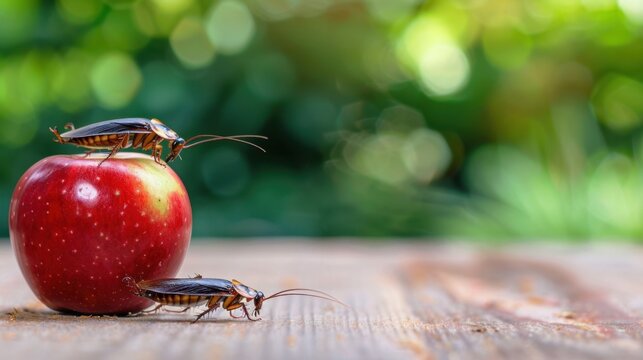 Cockroaches on a Fresh Red Apple with Nature Background and Bokeh Effect in a Garden Setting