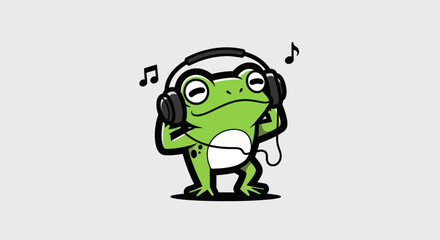 Obraz premium Cartoon frog wearing headphones listening music