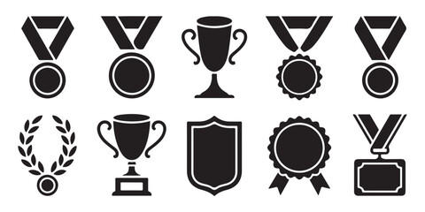 Achievement icons set featuring winner trophies and medals with laurel wreath and blank award shield design © Abu