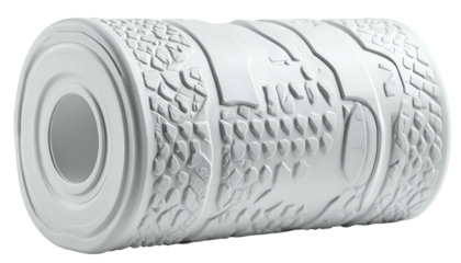 White, cylindrical massage tool with textured bands and smooth ends, isolated on black