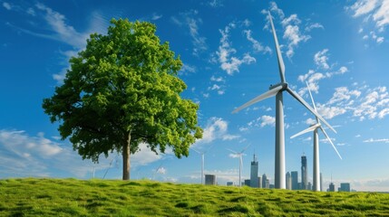 Lush Green Tree in Front of Wind Turbines with Vibrant Sky and Cityscape in the Background, Symbolizing Renewable Energy and Sustainability