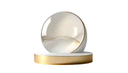 Spherical object with transparent half on gold and white base, black background