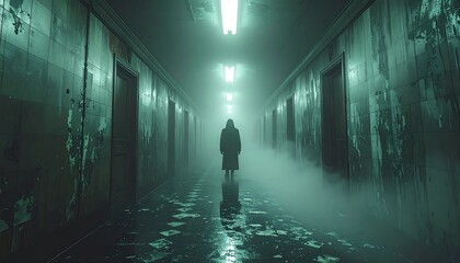 A lone figure walks down a dimly lit corridor