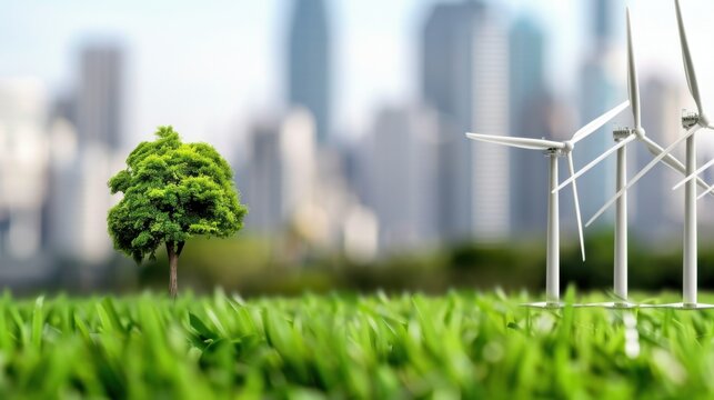 Urban Renewal with Green Tree and Wind Turbines in Modern Cityscape Background Promoting Sustainable Energy Solutions