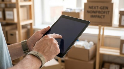 leadership development nonprofits volunteer community concept. Person using a tablet in a storage area with boxes.