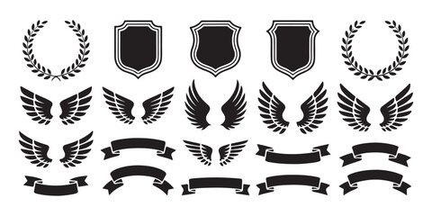 Set of black and white laurel wreaths, heraldic shields, ribbons, and bird wings for award design elements