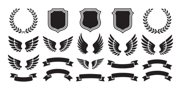 Set of black and white laurel wreaths, heraldic shields, ribbons, and bird wings for award design elements