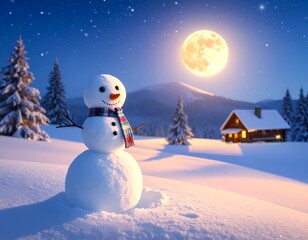 Obraz premium Snowmans Winter Night - A Festive Holiday Scene Under Moonlight.