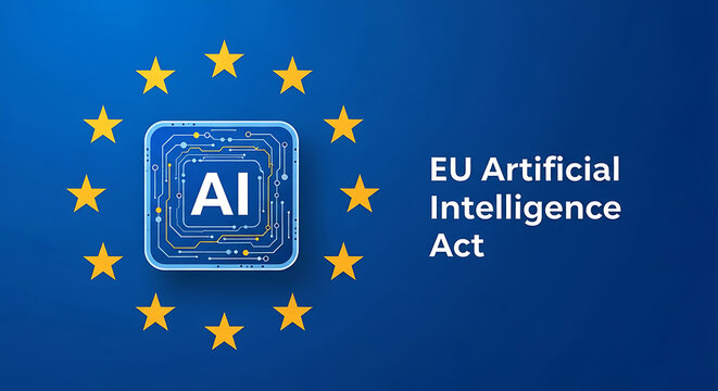 European Union Artificial Intelligence Act symbol surrounded by stars on a blue background illustration