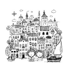 Obraz premium Fantasy village illustration with compact stone forms in detailed hand drawn black and white line art
