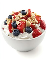 Fresh yogurt with strawberries, blueberries and almonds on white background. Concept of healthy breakfast and natural sweetness.