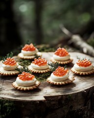 Elegant canap&eacute;s with red caviar and cream cheese on rustic wooden surface. Concept: forest serving, natural luxury, minimalism.