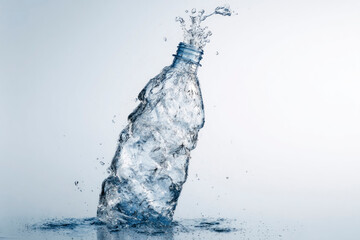 dissolving plastic bottle in water splash, symbol of biodegradable material, eco innovation, sustainable design and environmental research.