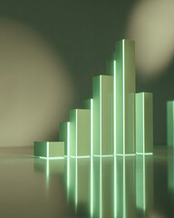 Tall green 3D bars with soft reflections, representing sustainable finance, eco innovation, growth, and environmental progress concept.