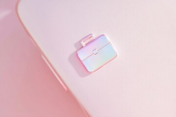 Glass briefcase icon inside glowing square frame on soft pink and blue gradient background. Concept of business, work, career, modern ui and app interface.