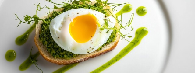 Elegant toast topped with vibrant green pesto, sunny-side-up egg, and microgreens, representing modern brunch aesthetics, healthy lifestyle, and gourmet food presentation concept. banner 