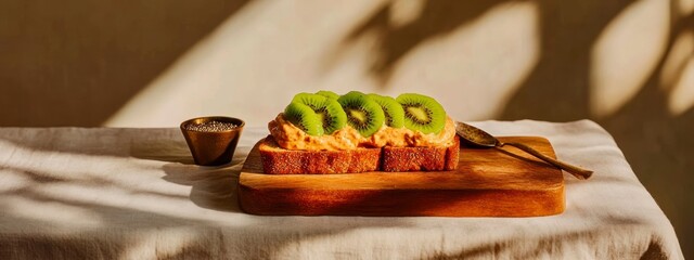 Crispy toast with creamy base, golden and green kiwi slices, chia seeds and spoon on marble table under sunlight. banner 
