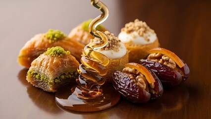 Sweet indulgence - Traditional Middle Eastern desserts including baklava, stuffed dates, and pastries with golden honey drizzle.