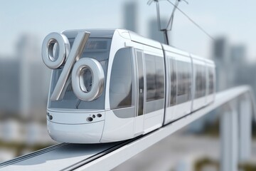 Shiny metallic percent symbol standing in front of a moving white train on city railway. Concept of transport finance, economy, investment and discount in travel industry.