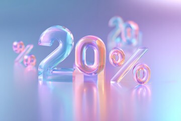 Shiny 20 percent symbol with holographic glass texture on soft pastel gradient background. Concept of sale, offer, or promotion.