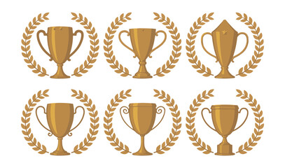 Golden trophy cup collection with laurel wreaths for professional sport awards and luxury victory celebration