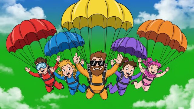 Cartoon Skydiving Adventure - A Colorful Descent with Friends.