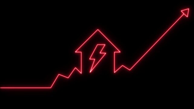 Home icon house sign neon lights animation with up arrow battery charging power icon. Neon House,  animation. Neon home business graph icon animation. 4k video