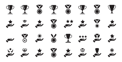 Achievement icons set with trophies medals stars and hands holding various rewards vector graphics