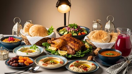 Traditional Iftar Dinner Spread with Roasted Chicken, Hummus, Salads, and Breads Under Warm Lighting.