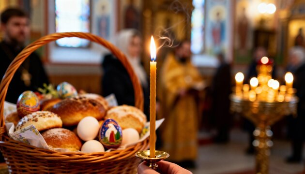 Traditional Easter basket with kulich bread and decorated eggs in an Orthodox church. Lit candle with smoke in foreground. Orthodox Easter tradition