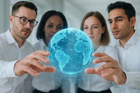 Global Vision: A team of experts contemplates a luminous digital globe, symbolizing international cooperation and global strategy, amidst a modern office setting. - Powered by Adobe