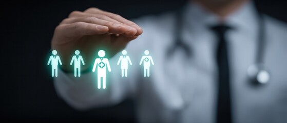 Doctor hand hovering over glowing patient icon with medical cross among group of people. Healthcare insurance coverage and individual data privacy protection concept