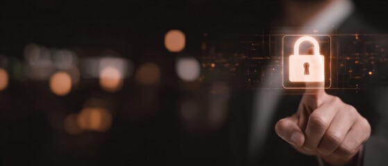Businessman hand touching virtual glowing padlock icon on dark background. Corporate data confidentiality, cybersecurity encryption, and private information protection concept
