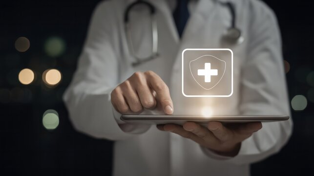 Doctor hand using digital tablet with virtual glowing medical shield icon. Healthcare safety protocol, ethical compliance, and secure data standard concept
