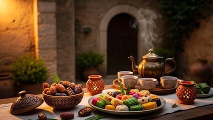 Traditional Middle Eastern Sweet Treats and Hot Tea Served Outdoors.