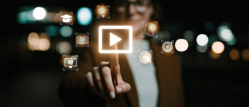 Woman hand touching virtual play button icon. Digital medical education, patient video learning, and online healthcare training concept