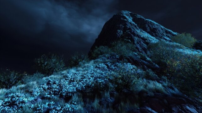 A dark, atmospheric landscape featuring a rocky mountain illuminated by an eerie blue light, with lush grassy terrain and sparse vegetation.