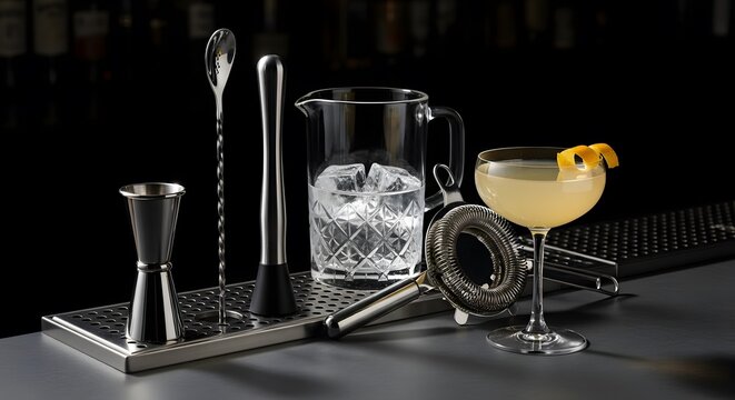 Elegant Cocktail Preparation with Bar Tools and Drink.