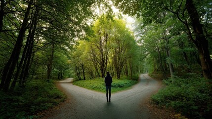 Obraz premium A person stands at a fork in a forest path, surrounded by lush greenery, contemplating which direction to take.