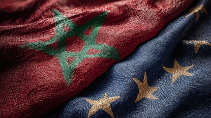 Fototapeta premium Morocco and European Union flags overlapping on fabric showing colors and symbols of both regions