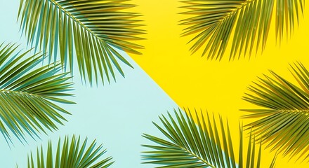 Naklejka premium Vibrant palm fronds against yellow and blue background