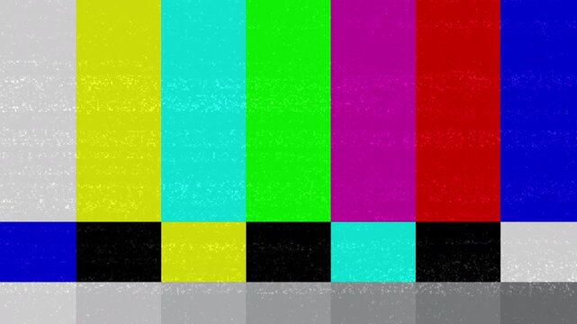 Retro TV color bars test pattern with static noise and glitches vintage broadcast signal.