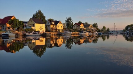 Fototapeta premium Serene waterfront scene featuring colorful houses mirrored in calm water, with boats and trees creating a tranquil atmosphere.