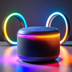 Rounded device with glowing rings. Radiating neon colors reflect on its surface and surrounding space, modern