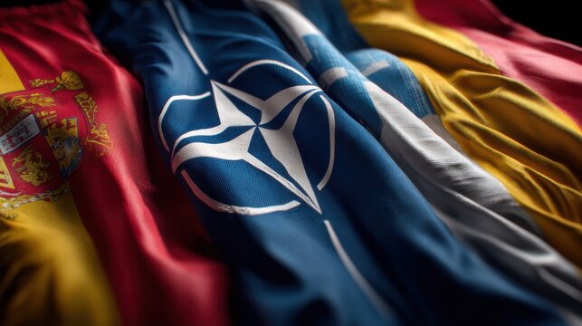 Nato flag displayed with flags of Spain and other countries at a political event