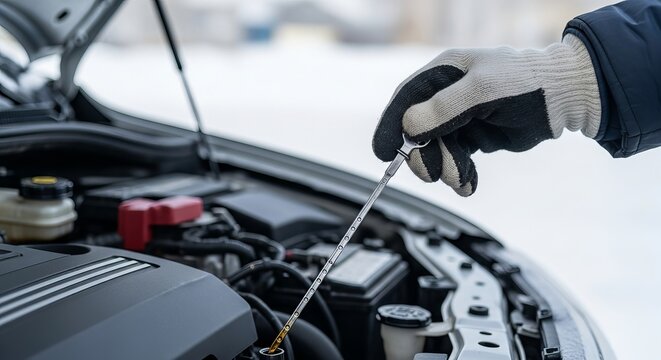 Gloved hand checking car engine oil level with a dipstick for winter car maintenance and automotive reliability concept, emphasizing cold weather vehicle care