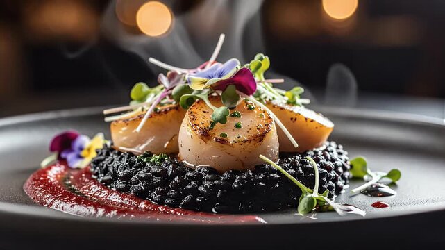 Gourmet dish presentation seared scallops and black rice on a plate