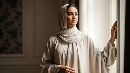 Young Muslim woman in hijab looking out the window, contemplating and reflecting in a serene moment.