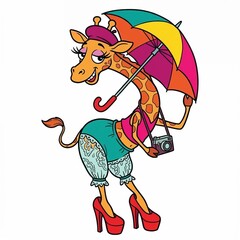 Fashionable cartoon giraffe holding umbrella and camera in colorful outfit  